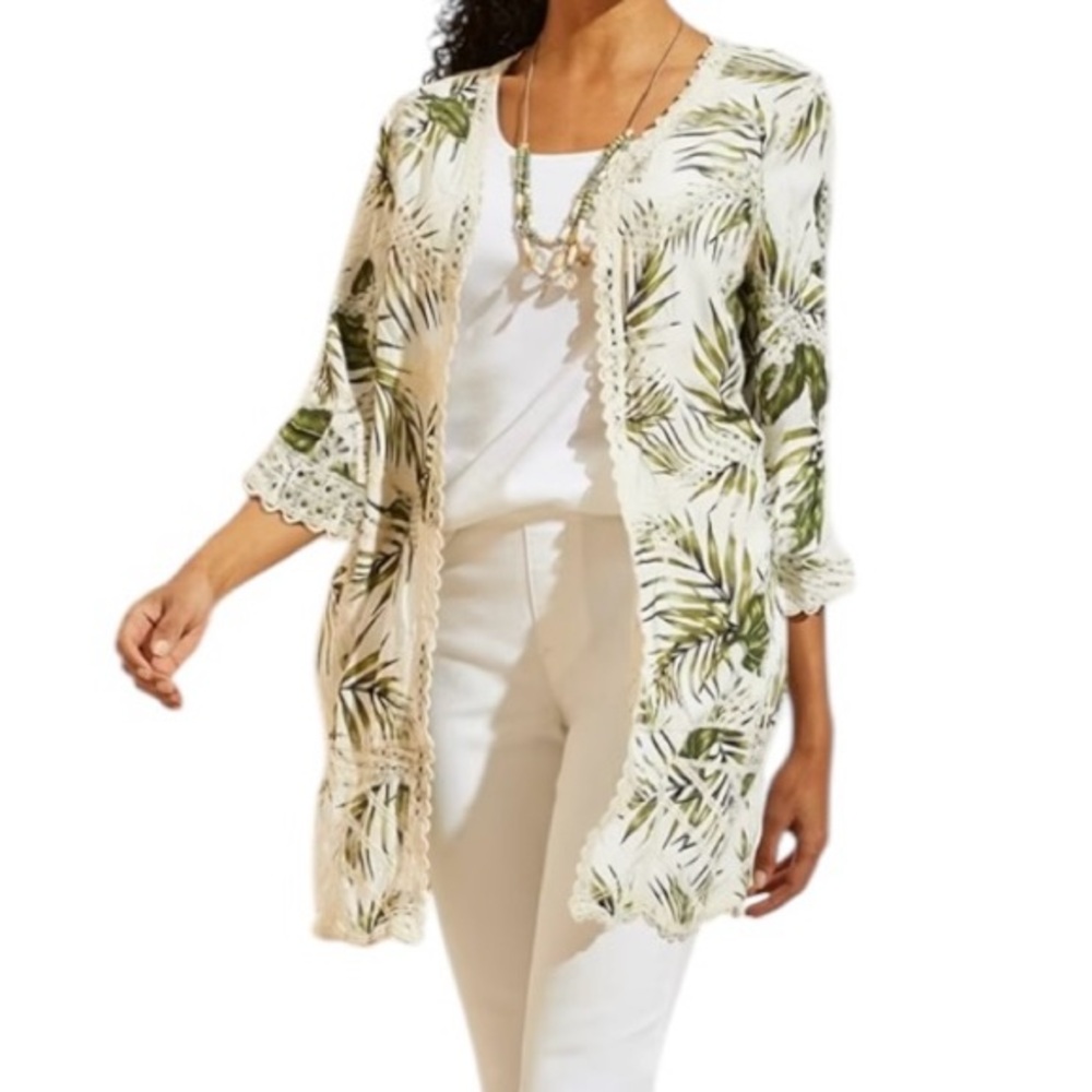 Chico’s Palm TreemEmbroidered Lace Green & White Kimono Cardigain